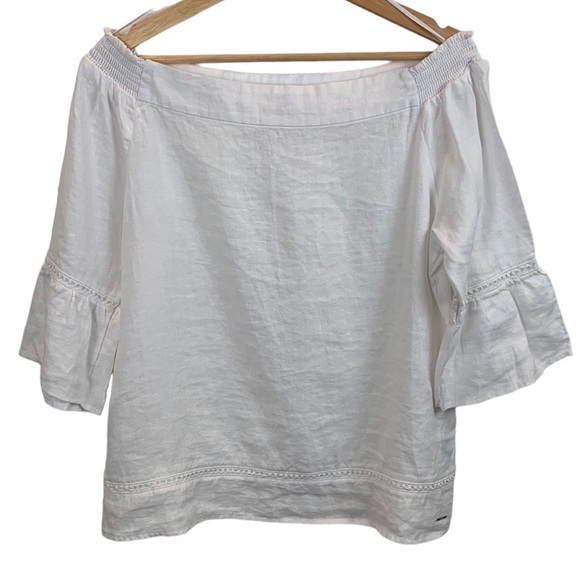 S. Oliver 100% Linen Boho Off Shoulder Peasant Bell Sleeve White Blouse sz 6 EUC - Picture 2 of 8